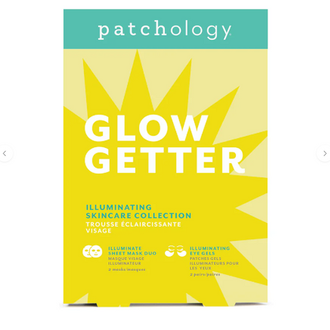 Patchology Glow Getter skincare collection packaging with sun design on a white background