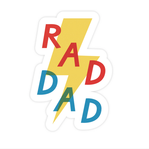 Colorful 'RAD DAD' sticker with a lightning bolt design on a white background