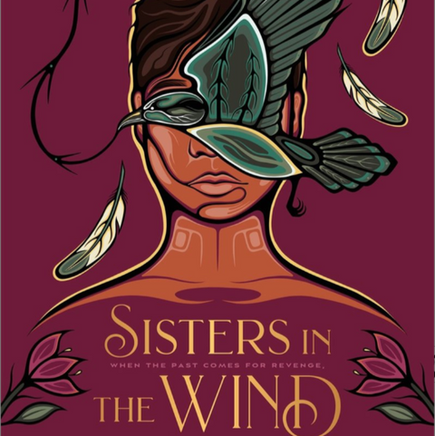 Book cover of 'Sisters in the Wind' by Angeline Boulley with a stylized illustration of a woman's face and feathers on a purple background.