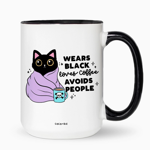 Mug with a black cat design, text 'Wears black loves coffee avoids people', and a black handle on a white background.