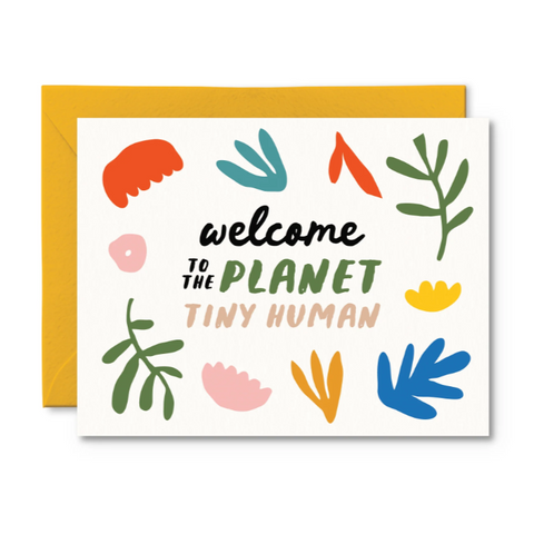Greeting card with colorful text and abstract shapes on a white background