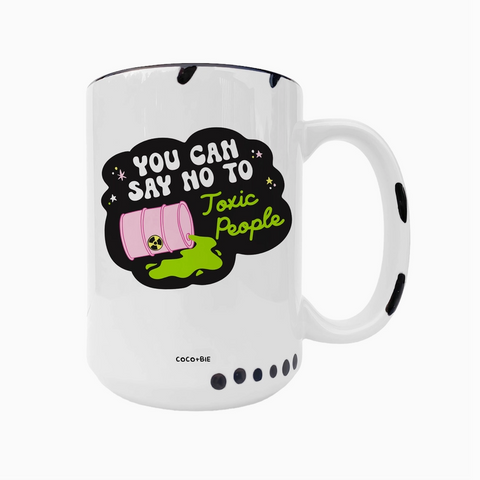 White mug with a humorous design and text on a white background