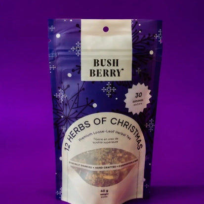 Bush Berry 12 Herbs of Christmas tea package on a purple background