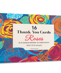 A boxed card set labeled '16 Thank You Cards Roses' with a colorful floral pattern in orange, yellow, blue, and pink. The front panel shows the text '16 Thank You Cards Roses' and 'With 16 Envelopes,' and the Tuttle brand appears at the bottom.