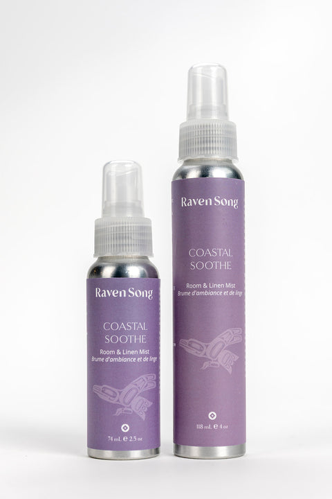 Two bottles of Raven Song Coastal Soothe home and linen mist on a white background