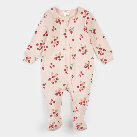 Strawberry Print Soft Pink Ribbed Footed Sleeper