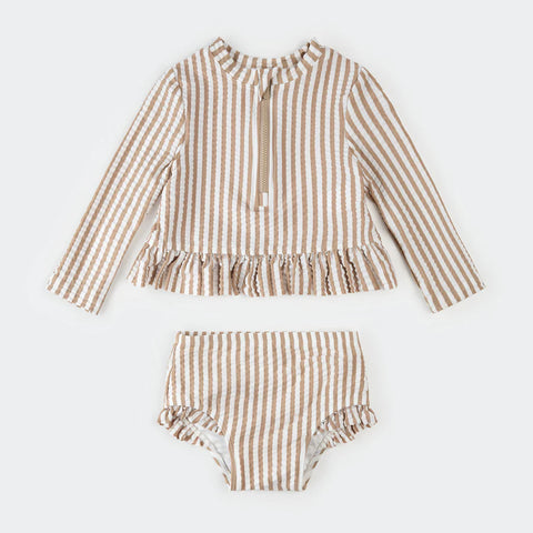 Taupe Stripe Seersucker Long-Sleeve Rashguard Set