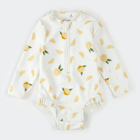 Lemon Print Off-White Long-Sleeve One-Piece Rashguard Suit