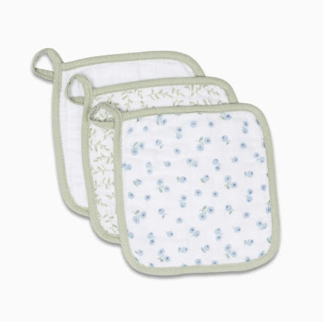 Two pot holders with floral pattern on a white background