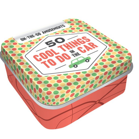A square metal tin with rounded corners, featuring a retro pattern of green and red polka dots on a pale yellow background on the lid, and orange-red abstract lines on the side. The lid has a white label that reads '50 COOL THINGS TO DO IN THE CAR' with a small green car icon.