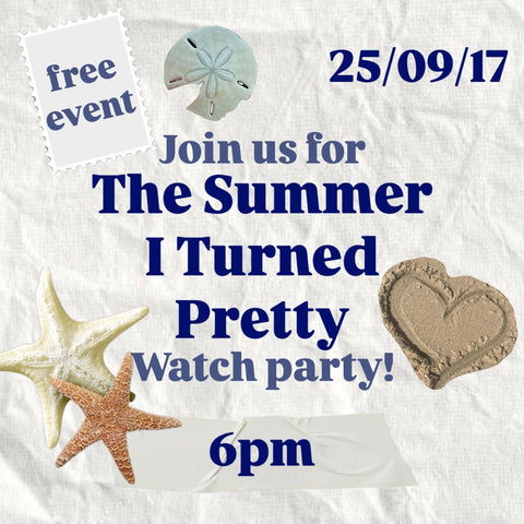 Invitation to a 'Summer I Turned Pretty' watch party with beach-themed decorations on a textured white background.