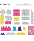 Connetix Glitter Unicorn Pack - 56 pieces contents layout on a white background, showing assorted glitter magnetic building tiles in pink, yellow, silver, teal, and purple, plus a small pink unicorn packaging card.