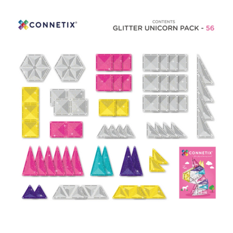 Connetix Glitter Unicorn Pack - 56 pieces contents layout on a white background, showing assorted glitter magnetic building tiles in pink, yellow, silver, teal, and purple, plus a small pink unicorn packaging card.