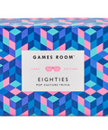 Games Room Eighties Pop Culture Trivia game box featuring a colorful geometric cube pattern in blue, pink, and teal with a white label in the center.