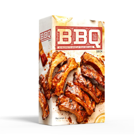 Book titled 'BBQ Deck' with images of grilled meat on a white background