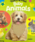 Book cover of 'Touch & Feel Baby Animals' with images of a fox kit, puppy, and bunny on a green background.