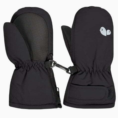 Black mittens with a small logo on a white background