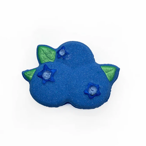 A blueberry-shaped bath bomb with green leaf accents and blue starberry details, shown on a plain white background.