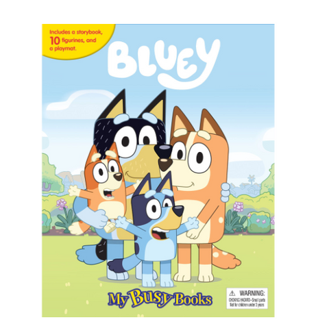Bluey book cover with cartoon characters on a white background