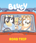 Cartoon characters in a car with 'Bluey' and 'Road Trip' text on a blue background