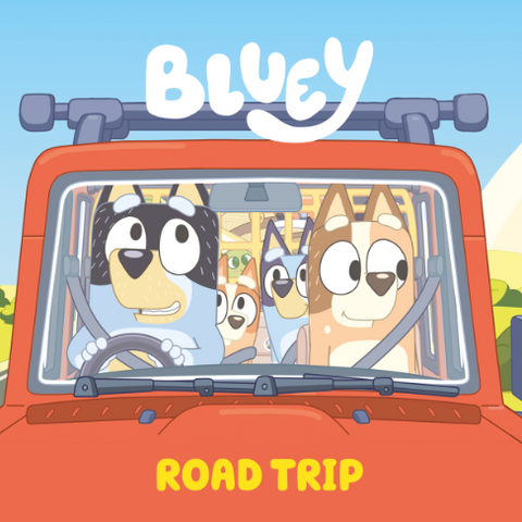 Cartoon characters in a car with 'Bluey' and 'Road Trip' text on a blue background