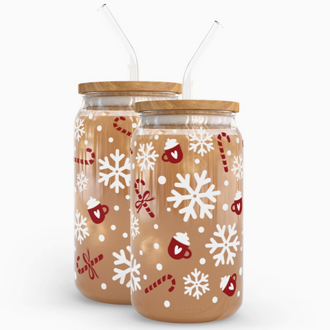 Candy Cane Hot Cocoa Snowflake 16 oz Glass Cup