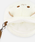 A plush white cat-shaped crossbody bag with brown straps and metal hardware, photographed on a clean white background.