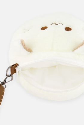 A plush white cat-shaped crossbody bag with brown straps and metal hardware, photographed on a clean white background.