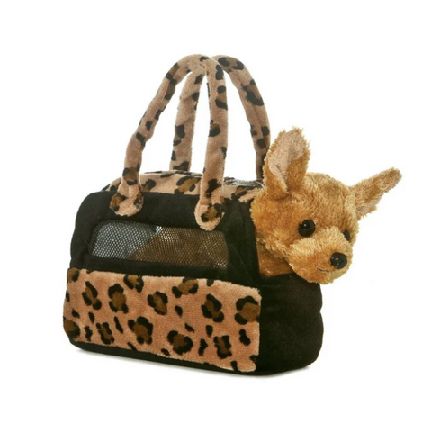 Leopard print pet carrier with a plush deer head on a white background