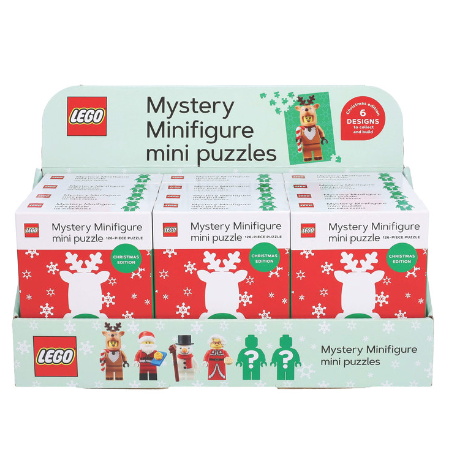 Display of LEGO Mystery Minifigure mini puzzles packaging on a white background