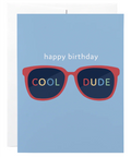 Greeting card with sunglasses graphic and 'happy birthday' text on a blue background