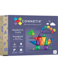 Connetix Magnetic Tiles Rainbow mini pack in a purple and beige cardboard box, showing colorful geometric tiles and a dinosaur structure.