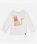 A white long-sleeve children's top featuring a colorful embroidered cat wearing a striped sweater on the front, displayed against a clean white background.