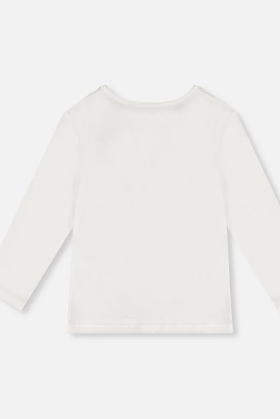 A long-sleeve crewneck top in off-white, shown from the back against a light gray background.