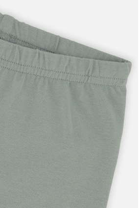 Close-up of a pair of soft sage green pants or shorts showing the elastic waistband and clean fabric texture against a light neutral background.