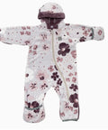 Floral-patterned baby snowsuit on a white background
