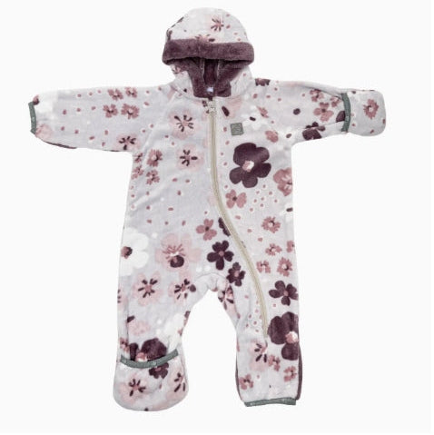 Floral-patterned baby snowsuit on a white background