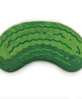 A green, watermelon-shaped plush pillow with embroidered stripes, shown on a white webpage background with the Fred logo at the top and a Mac dock visible at the bottom.