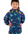 Child wearing a colorful jacket with space-themed designs on a white background