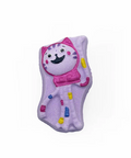 A small plush or felt cat-shaped item in pastel lavender and pink with embroidered facial features and colorful bead-like accents, shown on a plain white background.