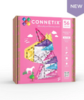 Connetix magnetic tiles packaging with pink background and colorful tiles illustration