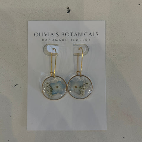 Gold Dangle Earrings | Blue and White Flowers