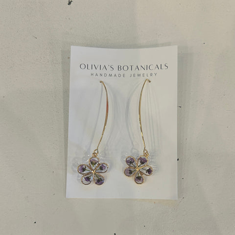 Gold Flower Dangle Earrings | Purple