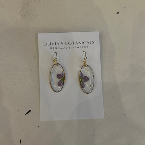 Gold Oval Earrings | Purple Flower
