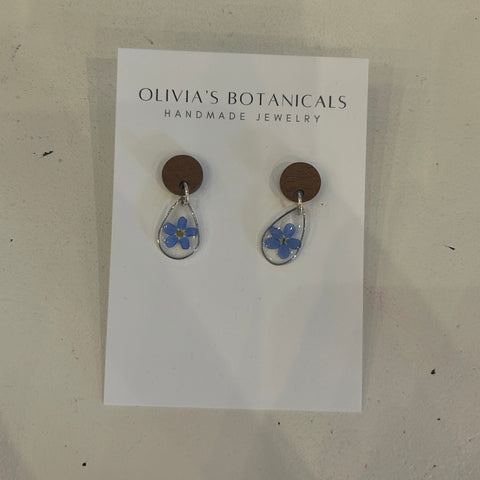 Gold and Wood Dangle Earrings | Blue Flower