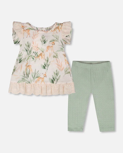 Deux Par Deux | Muslin Tunic And Pointelle Leggings Set Peach Deer Print & Green