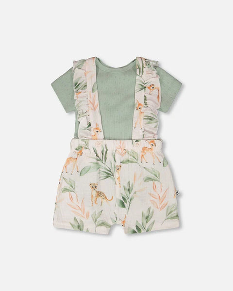 Deux Par Deux | Pointelle Onesie And Cotton Muslin Shortall Set Green And Peach Deer Print