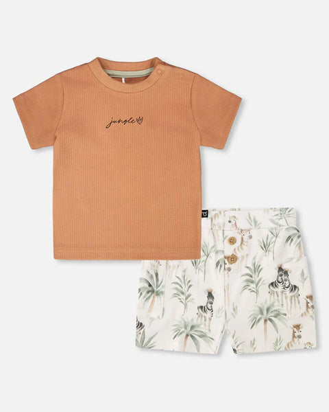 Deux Par Deux | Cotton Rib Jersey T-Shirt And Organic Cotton Jersey Short Set Caramel And Beige Zebra Print