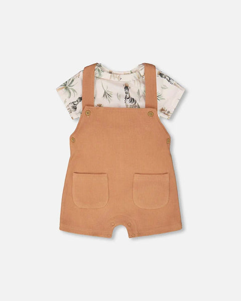 Deux Par Deux | Organic Cotton Jersey Onesie And Cotton Rib Shortall Set Beige Zebra Print And Caramel
