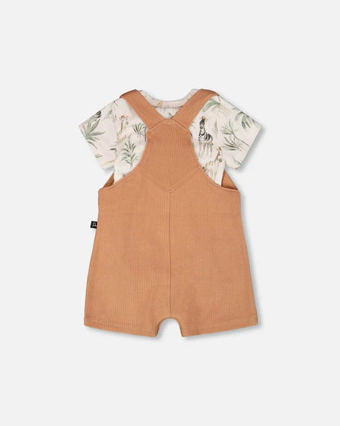 Deux Par Deux | Organic Cotton Jersey Onesie And Cotton Rib Shortall Set Beige Zebra Print And Caramel